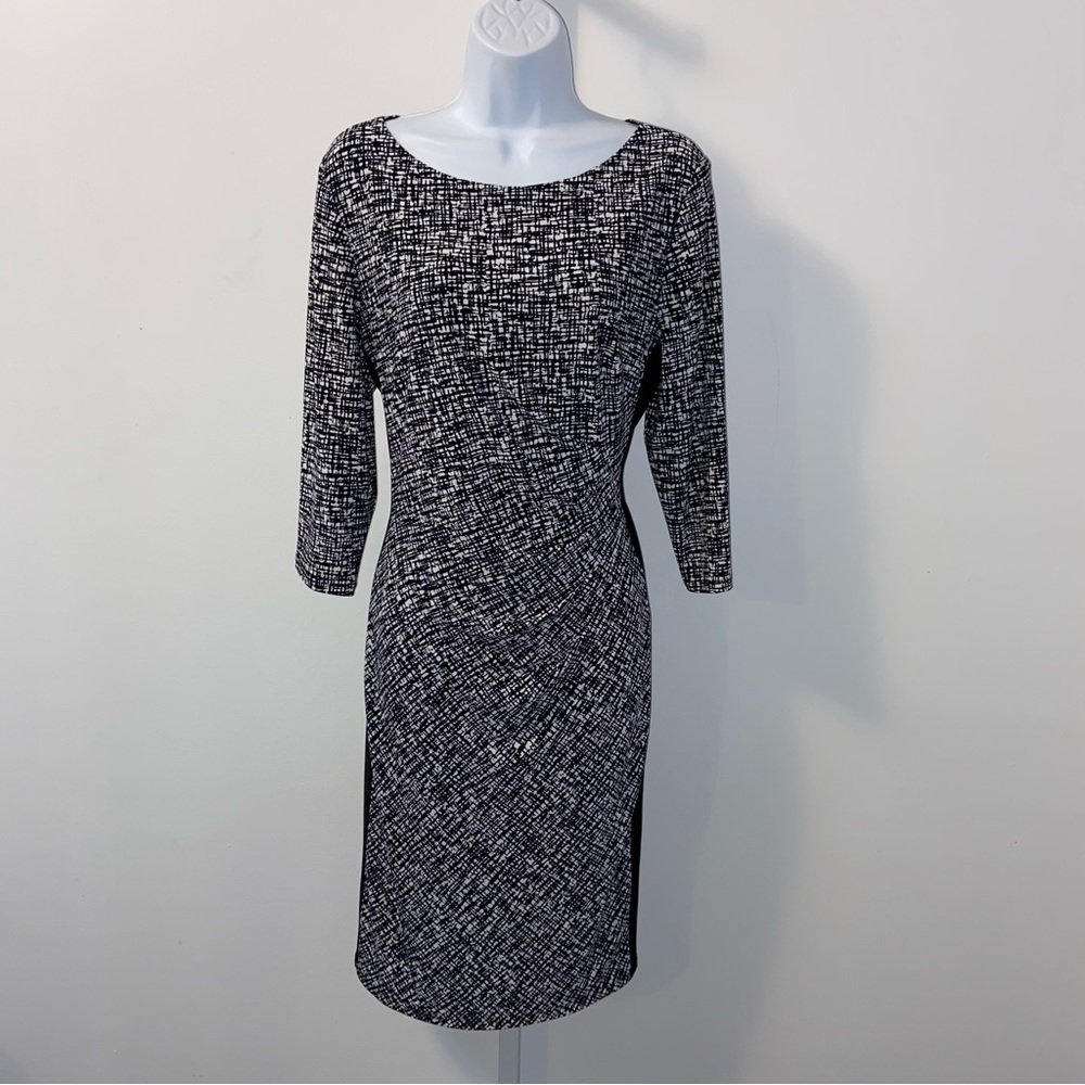 Lauren Ralph Lauren Black & White Dress Size 14 Ruched Waist Side Black Panel